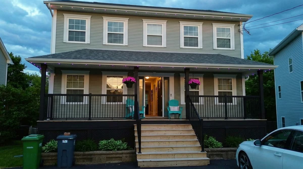 Home with purple accent lighting along the roofline and front porch at dusk