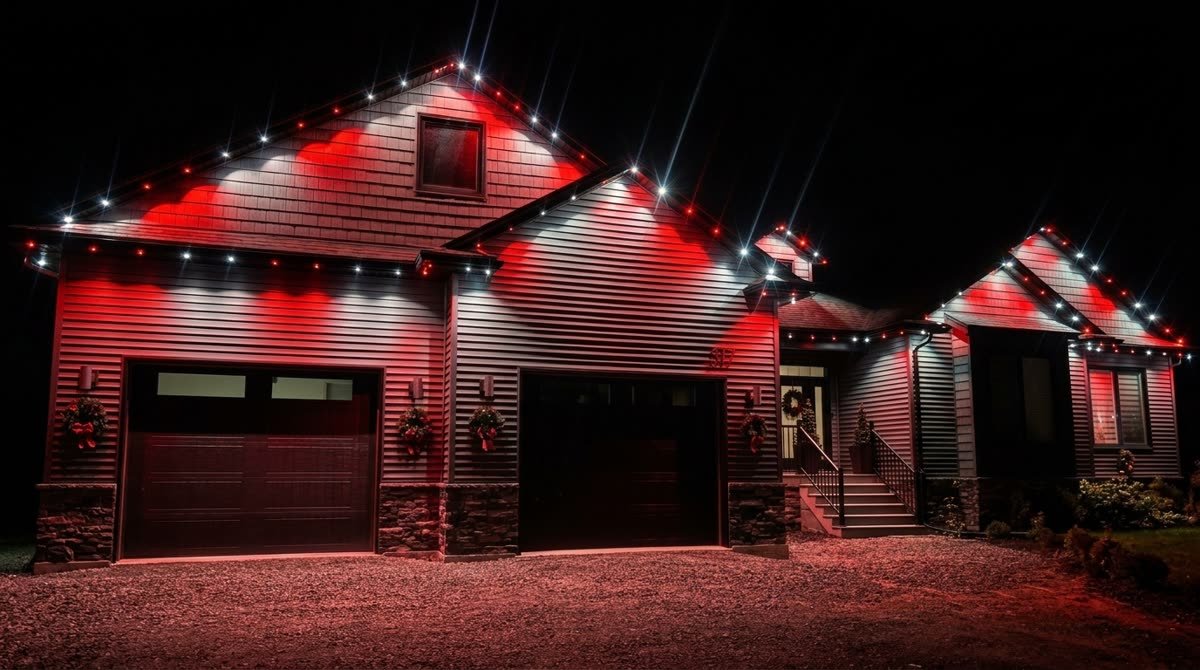 Home lit in red and white for the holiday season