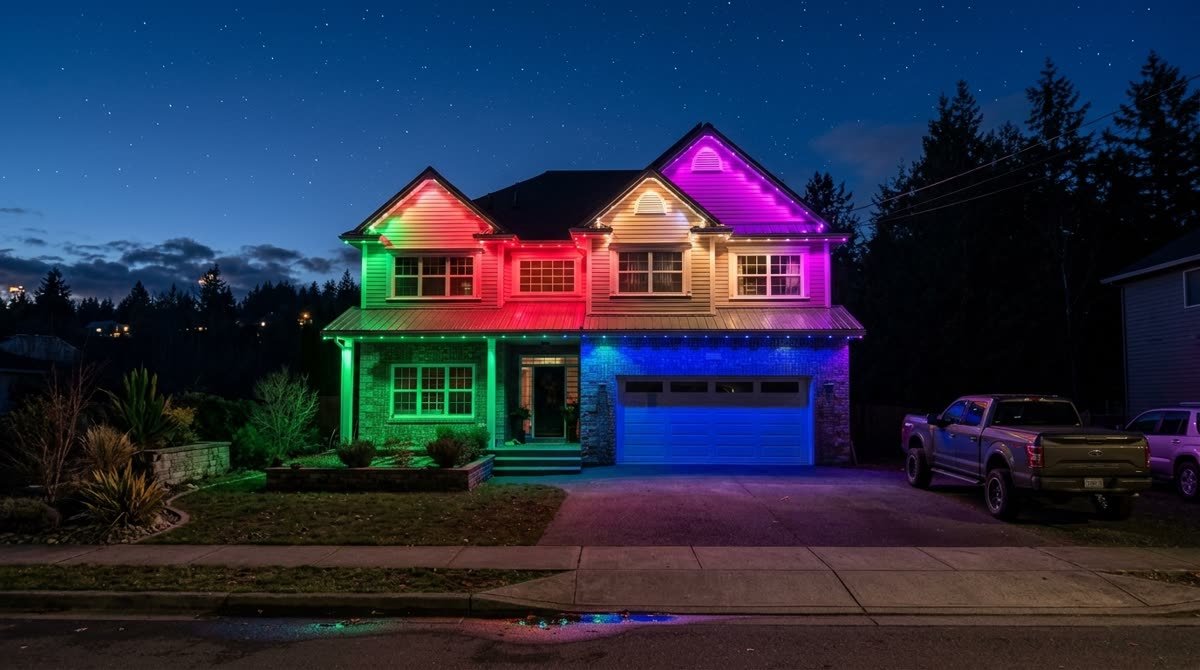 Home split into multiple vibrant colour zones for game day