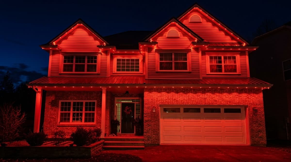 Home outlined in vivid red permanent lighting